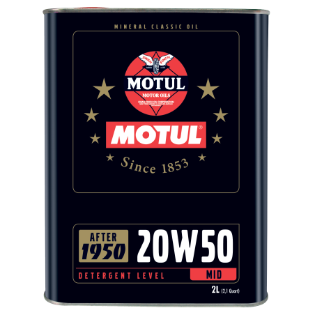 Photographie d'un bidon de Huile Moteur Motul Classic Oil 20W50 2L