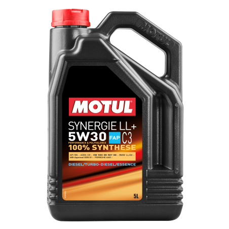 Photographie d'un bidon de Huile Moteur Motul SYNERGIE LL+ 5W30