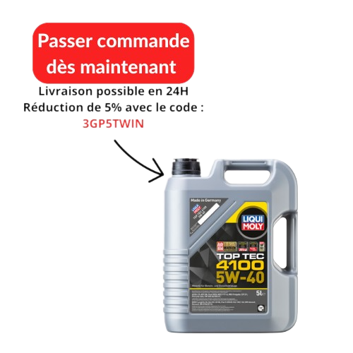 bouton passer commander, livraison possible en 24H, réduction de 5% avec le code 3GP5TWIN pour huile moteur liqui moly top tec 4100 5W40